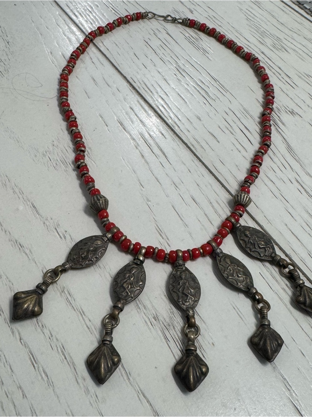 Red Bead and Antiqued Silver Dangle Necklace - Unbranded